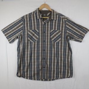 REI‎ Shirt Mens XL Khaki Blue Madrona Plaid Short Sleeve Organic Cotton Outdoor